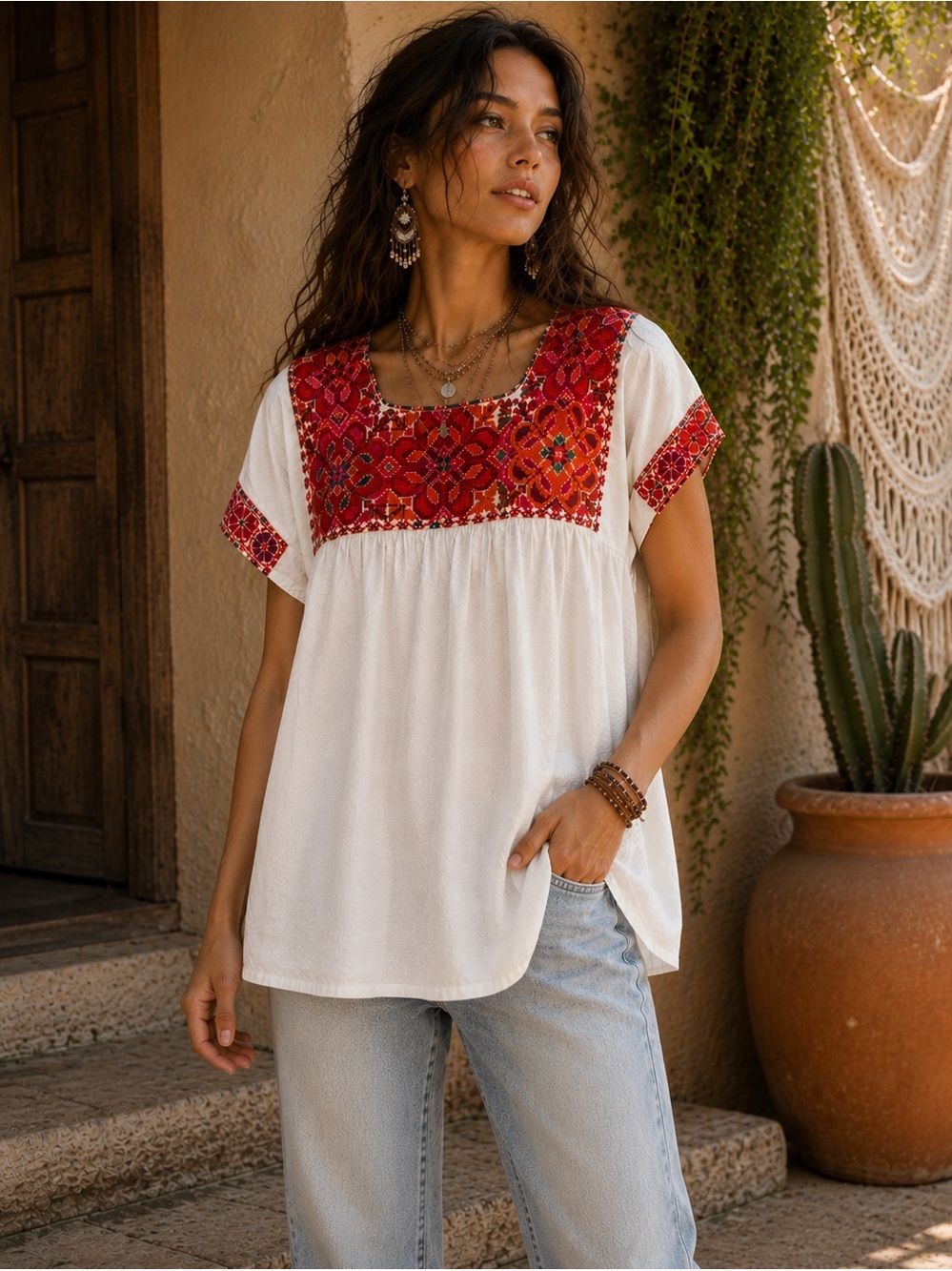 Mexican Embroidered Peasant Top Boho Folk Art Blouse